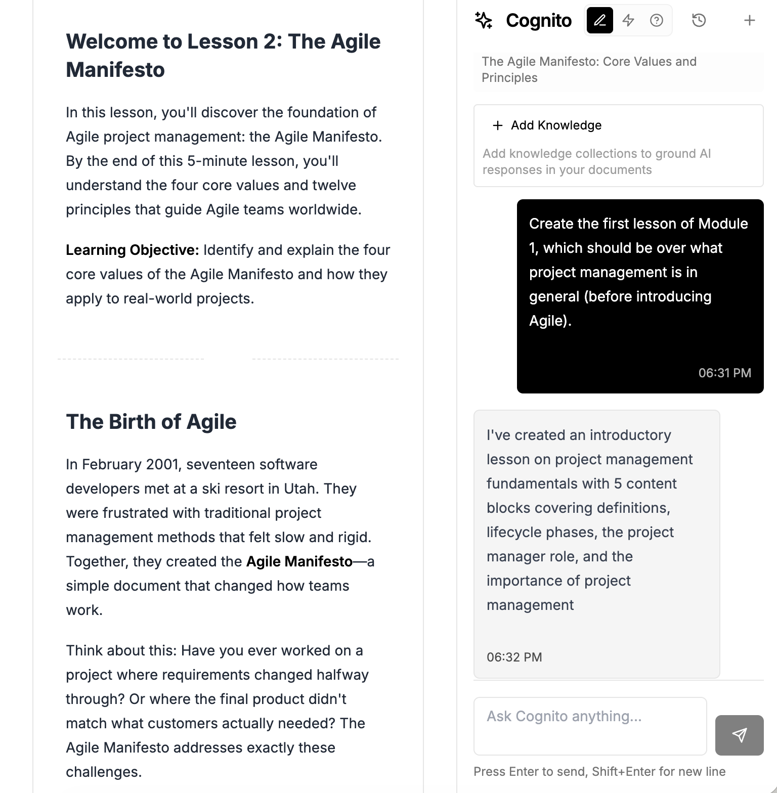 Screenshot of Cognito AI assistant sidebar showing a course on Introduction to Agile Project Management. The interface displays an AI chat conversation where Cognito has generated lesson content including definitions, lifecycle phases, and the project manager role. The sidebar includes options to add knowledge collections and shows real-time message timestamps.